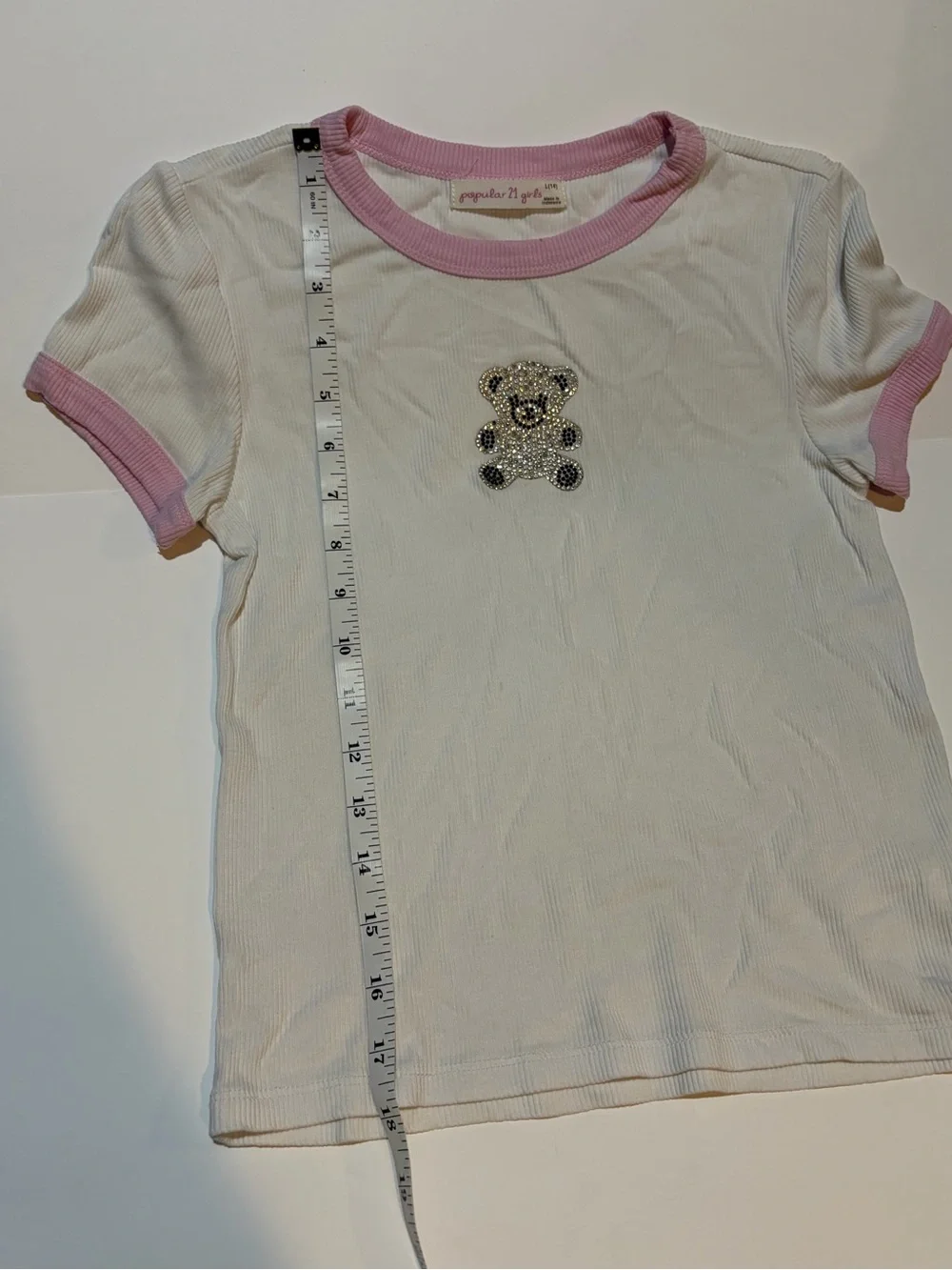 Popular 21 Girls L 14 Y2K Rhinestone Teddy Bear Baby Tee Pink Ringer Top
